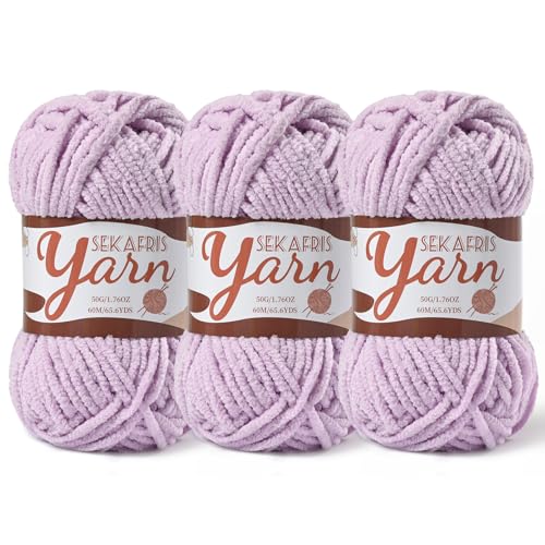 Image of 3 Pack Fluffy Velvet Yarn for Crocheting，Baby Blanket Yarn for Crocheting Soft，150g(196.8yds) Amigurumi Yarns，Plush Chenille Crochet Yarns，Puzzle Yarn for Crochet Weaving Craft(3 Light Purple)