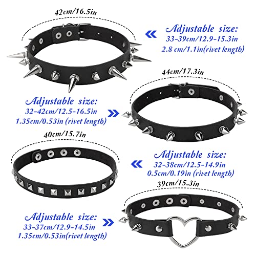 4 Stück PU Leder Choker Schwarze Herz Choker Nieten Halsband Verstellbarer Punk Gothic Choker Halskette Damen Mädchen Halloween Anime Party Kleidungs Zubehör