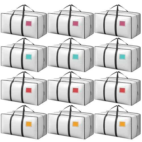 Image of 12 Pack Moving Bags with Full-Open Side Zipper, Extra Large 93L Heavy Duty Waterproof Foldable Storage Totes for College Dorm, Moving & Home Organization,White
