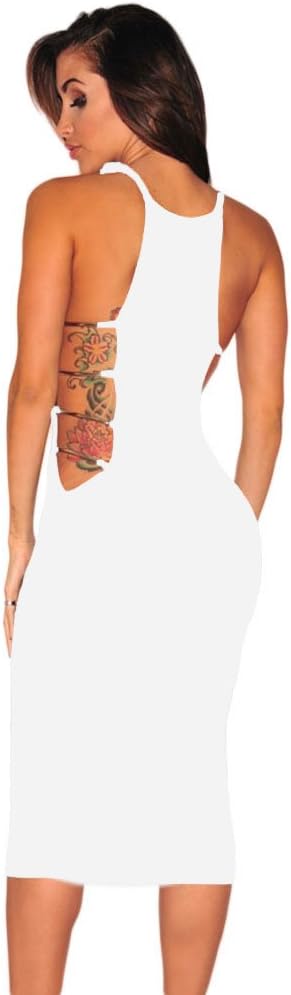 F&T Women White Hollow Out Sleeveless Skinny Sexy Mid-Calf Hardware Club Cut Out Sides Dress