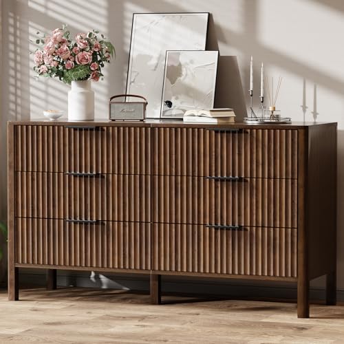 Image of 55 Inch Wide Fluted 6 Drawer Dresser for Bedroom, Wooden Dresser Modern Chest of Drawers TV Stand Dressers with Organizer Storage for Bedroom, Living Room, Entryway, Walnut