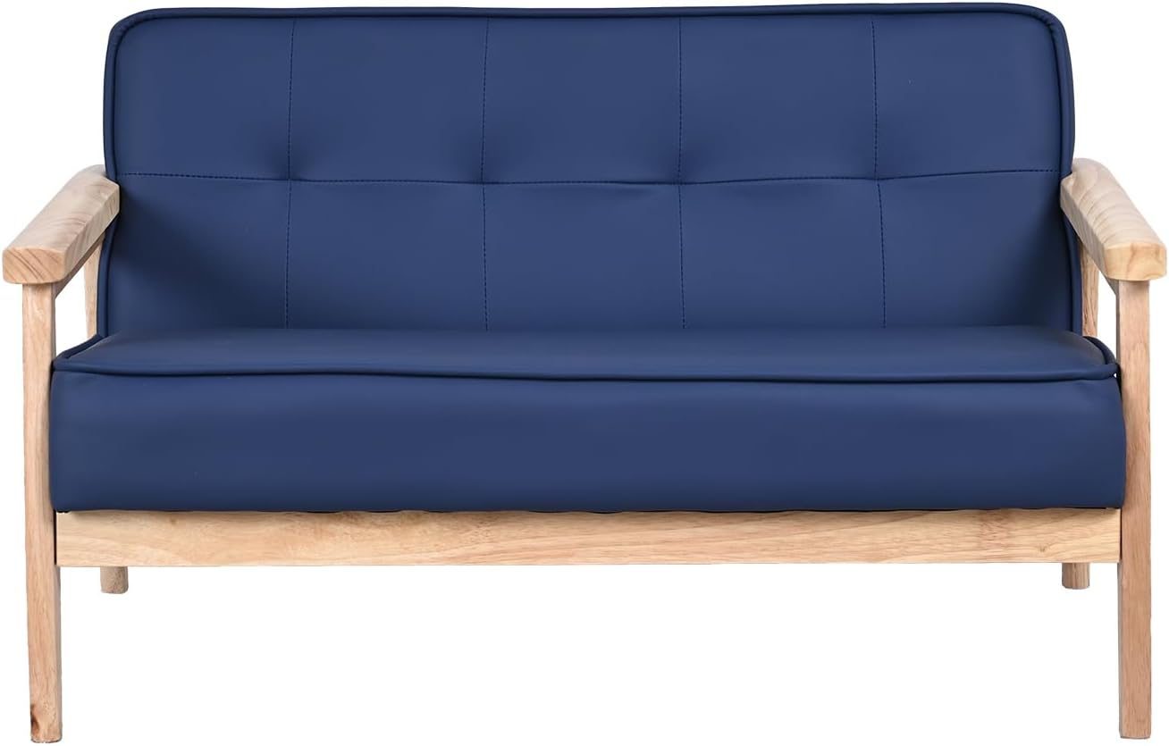 Double Seater Kid Sofa Chair, Kid Couch with Solid Wood Arm and PU Leather for Kids Rest (Blue)