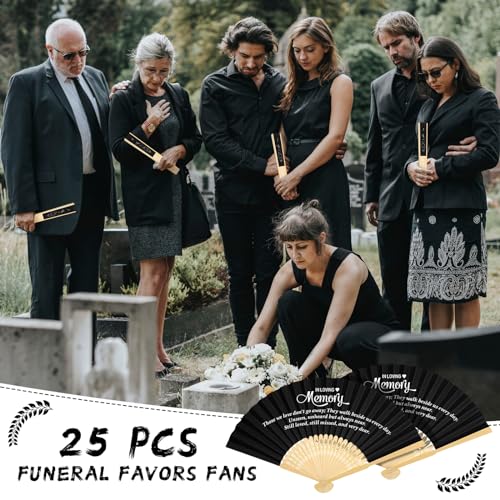 Image of Threehoney 25 Pack Funeral Favors for Guests in Loving Memory Handheld Fans Black Paper Folding Hand Fan Bulk Funeral Gifts for Services Condolence Sympathy Accessories