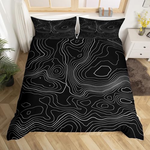 Loussiesd Galaxy Print Bedding Set for Kids Boys Girls Stylish Topographic Contour Design Comforter Cover Set Geometric Duvet Cover Black White Bedspread Cover Bedding Collection 3Pcs Double