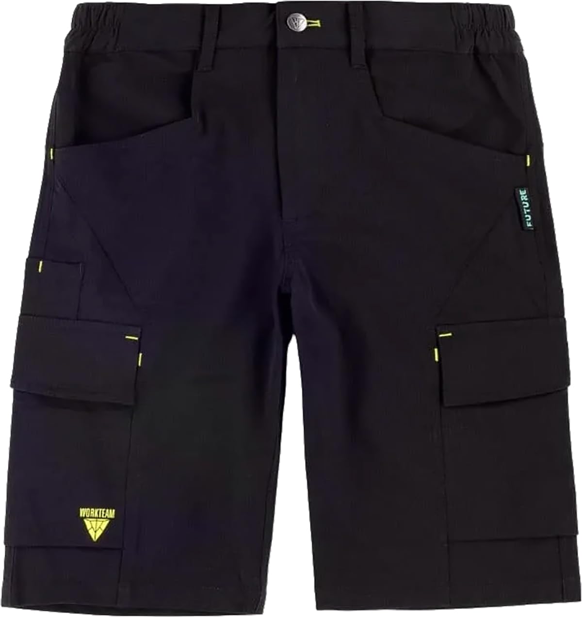 WORKTEAM Bermuda de Trabajo Slim Fit Tricolor con Tejido Elástico Canvas, Multibolsillos, Presillas Flúor, Cintura Elástica y Cremallera. Unisex