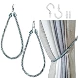 SLIFEOW Rope Curtain Tiebacks Wall Mounted, Drapery Tie Backs for Curtains, Blue Curtain Holdbacks with 2 Metal Screw Hooks, Long Curtain Rope Tie Back for Hanging Drapes, Dusty Blue 2 Pack