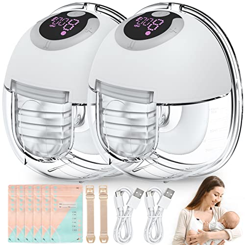 Image of Wearable Breast Pump, Portable Hands-Free Breast Pump, Nursing Wearable Breast Pump, LCD Display, 4 Modes and 9 Gears, White 2-Piece Set