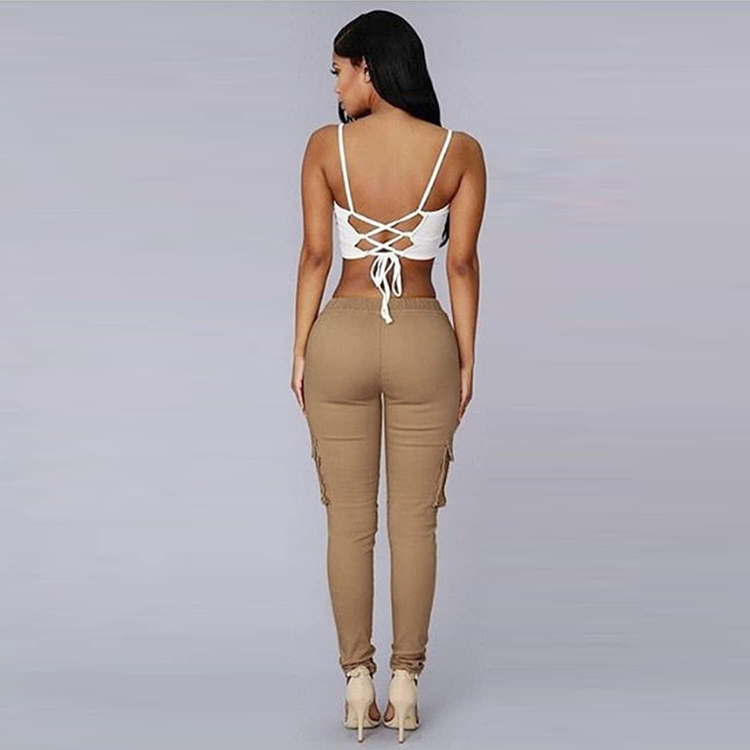 Women's Casual Drawstring Slim Cargo Pants Elastic High Waist Multi-Pockets Trousers Fashion Skinny Joggers Pant (White,Large) at  Women’s Clothing store