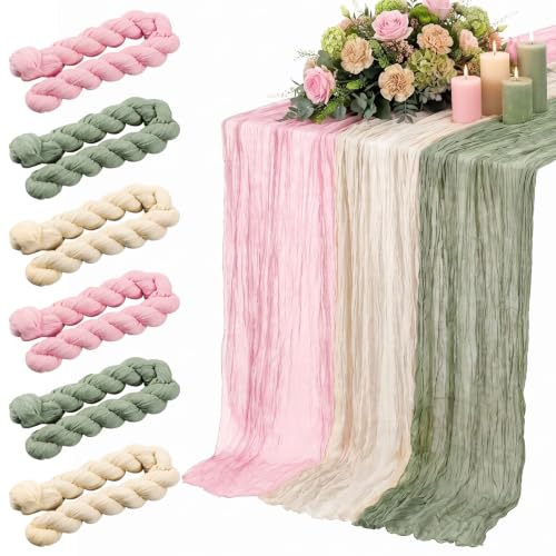 Windkream 6pcs Sage Green & Pink Cheesecloth Table Runners 118" Boho Gauze by Windkream - Used condition - US$26.33