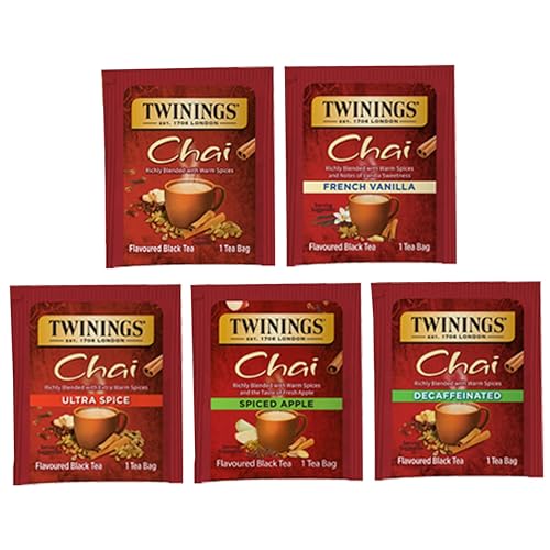 Twinings Chai Black Tea Bag Sampler Assortment, Variety Pack (20 Count) 5 Different Flavors for Tea Lovers: Her, Him, Women, Men, Couples, Family, Friends, Coworkers