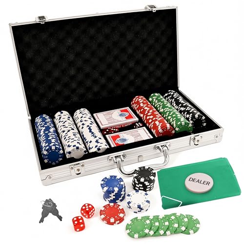 Aspect Texas Holdem Poker Set 300 Piece Set in Aluminium Case with 11.5g Heavyweight Chips 1 Sided Poker Mat 2 Decks of Playing Cards Dealer Big Blind Small Blind Buttons 5 Dice