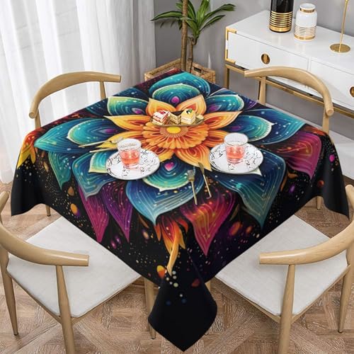Mexpekil Mantel cuadrado de 152 x 152 cm, mantel colorido bohemio con diseño de mandala, flores, poliéster, resistente a las arrugas y a las manchas, funda decorativa lavable para cocina, comedor