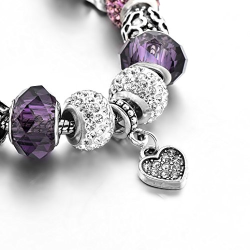Long Way ® Silver Plated Snake Chain Charm Bracelets Bangles Purple Murano Glass & Crystal Beads Fit Bracelet For Women #TOP2