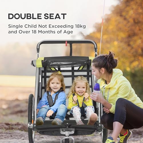 Miniatura 4 de Homcom Remolque De Bicicleta Para Niños Y Silla De Paseo, Diseño 2 En 1 Con Freno, Cinturón De 5 Puntos, Carrito Remolque Para Bicicleta Con Bolsillos Laterales, Catadióptricos Y Banderita, Amarillo