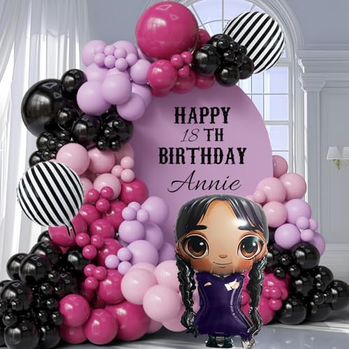 Image of 148pcs Purple Black Hot Pink Balloon Arch Kit for Gothic Birthday Decorations, Dark Sweet Party Balloons Garland Set with Striped Foil Balloons for Halloween Baby Shower Girl Party Decor
