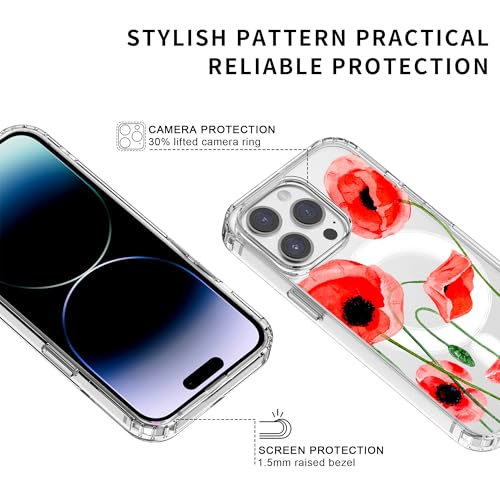 Idocolors for iPhone 15 Case, Compatible with MagSafe, Cute Poppy Flower Magnetic Phone Case, Crystal Clear Slim Fit Soft Transparent Shockproof Protective Phone Cover for Women Girls - image 3