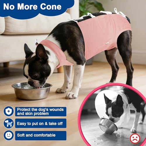 Image of BARKLESS Recovery Suit for Dogs, Soft Surgical Onesie for Female Spay | Breathable Cotton Body Suit for Dog After Surgery to Prevent Licking Abdominal Wounds, Cone Alternative (Pink, L)