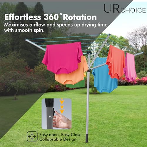 UR CHOICE Rotary Washing Line | 3 Arm Heavy-Duty Rotary Airer | 30M Outdoor Whirligig Clothes Dryer | Weatherproof, Space-Saving & Adjustable Height with Ground Spike for Garden & Laundry Drying - Image 2