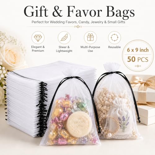Image of 50PCS White Organza Bags with Black Drawstring 6x9 Inches, Sheer Drawstring Gift Bags Mesh Jewelry Pouches for Wedding Party Favors Candy Jewelry Christmas Goodie Bags, Fruit Protection Netting