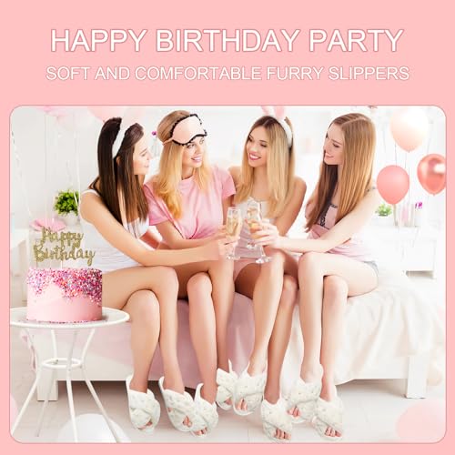 12 Pairs Women's Fuzzy Slippers Bulk Cross Band Open Toe Bridesmaid Slippers Plush Furry Slippers for Bridal and Bachelorette Party Gift4