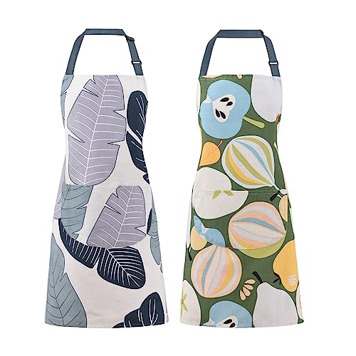 ARBINSON Paquete de 2 delantales florales para mujer con bolsillos, delantales de chef de algodón ajustables para cocina, cocina, barbacoa y parrilla, Verde azulado/Frutas, M