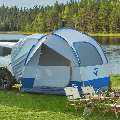 JOYTUTUS SUV Tent for Camping with Rainfly, Double Door Design Car Tent with Aluminum Poles, SUV Tailgate Tent with Waterproof PU2000mm Double Layer for 4-8 Person, Blue