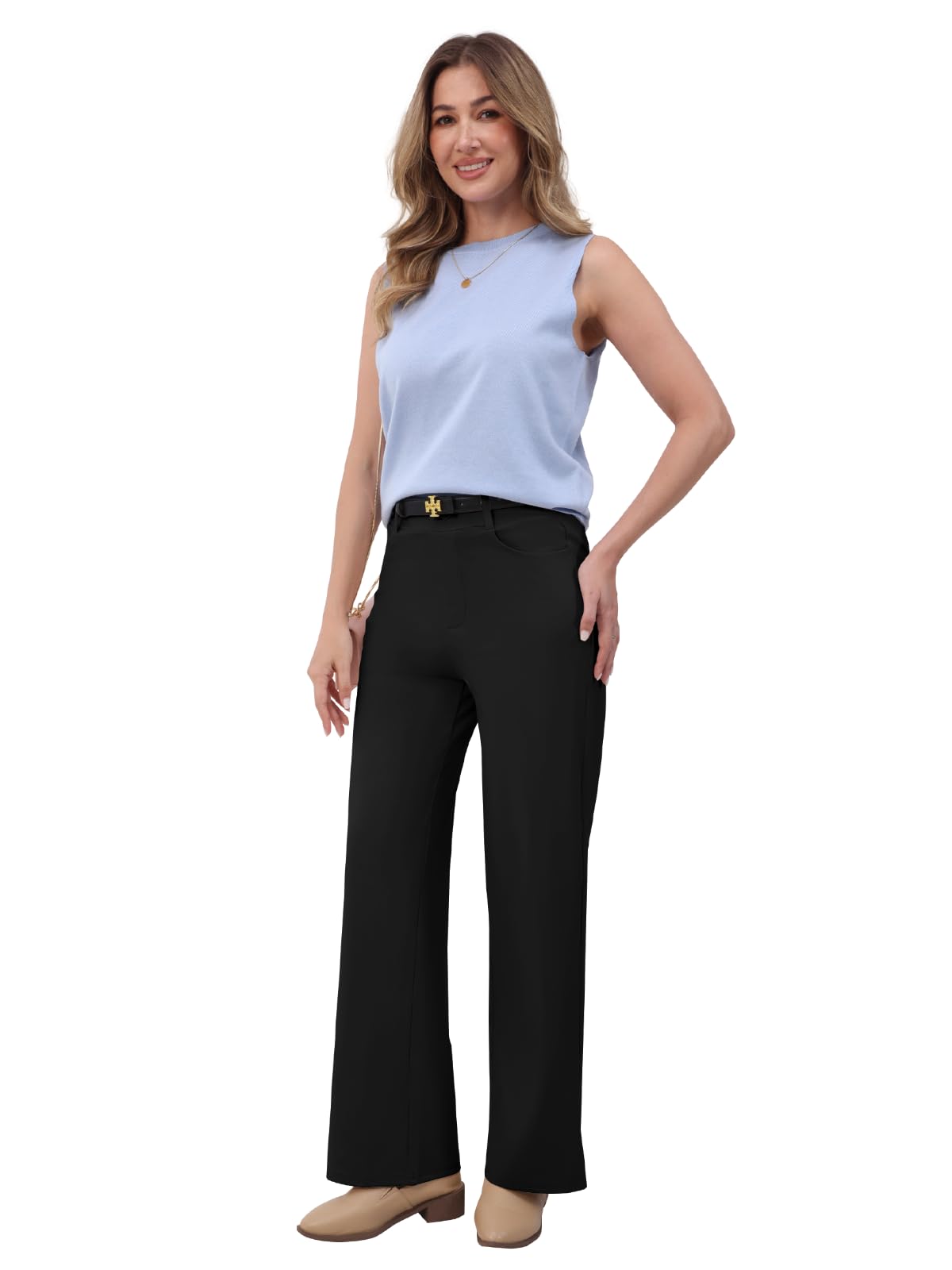 Glacspyg Damen Hohe Taille Straight Freizeithosen Elastische Business Arbeitshosen Elegante Stretch Weite Hosen mit Taschen