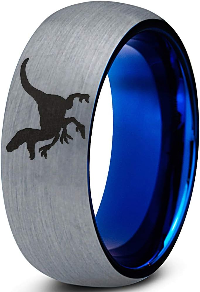 Velociraptor Dinosaur Jurrasic Dino Ring - Tungsten Band 8mm - Men - Women - 18k Rose Gold Step Bevel Edge - Yellow - Grey - Blue - Black - Brushed - Polished - Wedding - Gift Dome Flat Cut