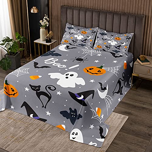 Erosebridal Gothic Spooky Coverlet Set Pumpkin Lantern Bedspread for Kids Boys Teens, Ghost Spiderwebs Quilted Black Bat Cat Cobwebs Halloween Decor Queen Size Gray Bedding Collection Room Decor