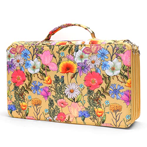 Image of Vomgomfom 300 Slots Marker Case 4-Layer PU Leather, Handle, Yellow Flower