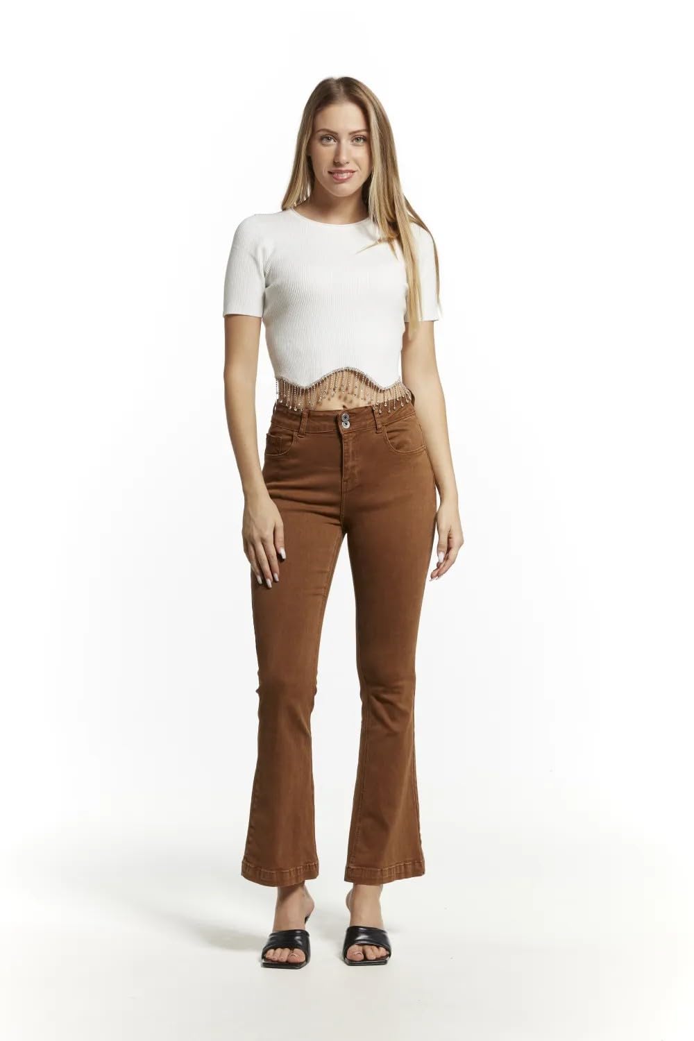 Pantaloni Donna Vita Alta Elasticizzati a Zampa – Jeans Svasati Casual Eleganti, vestibilità Slim (cod. 8048)
