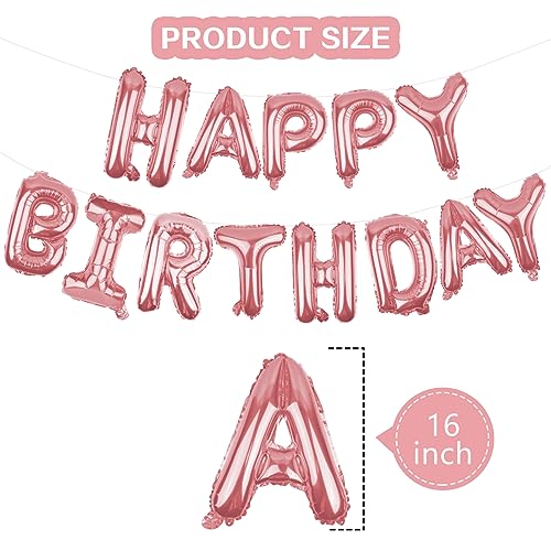 Image of Happy Birthday Balloons Banner Rose Gold 16 Inch Mylar Foil Letters | Inflatable Party Decor and Event Decorations for Kids and Adults | Reusable, Ecofriendly Fun