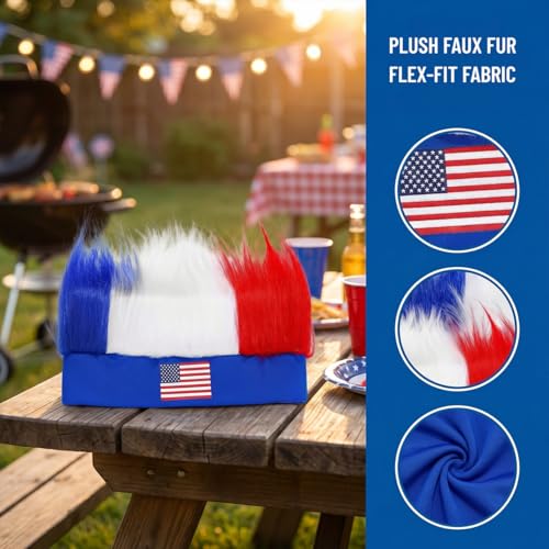 Image of Rose bud USA World Cup Soccer Wig Hair Headband Blue White Red Headband Wig for Women Men Sports Football Halloween Costume Cosplay and Party USA Flag Hat