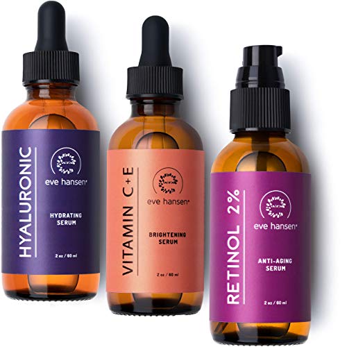 Eve Hansen Full-Size Anti-Aging Serum Set with Hyaluronic Acid, Vitamin C, and Retinol Serums for Improved Appearance of Wrinkles and Fine Lines, Dark Spots, and Skin Firmness 3 x 2 oz