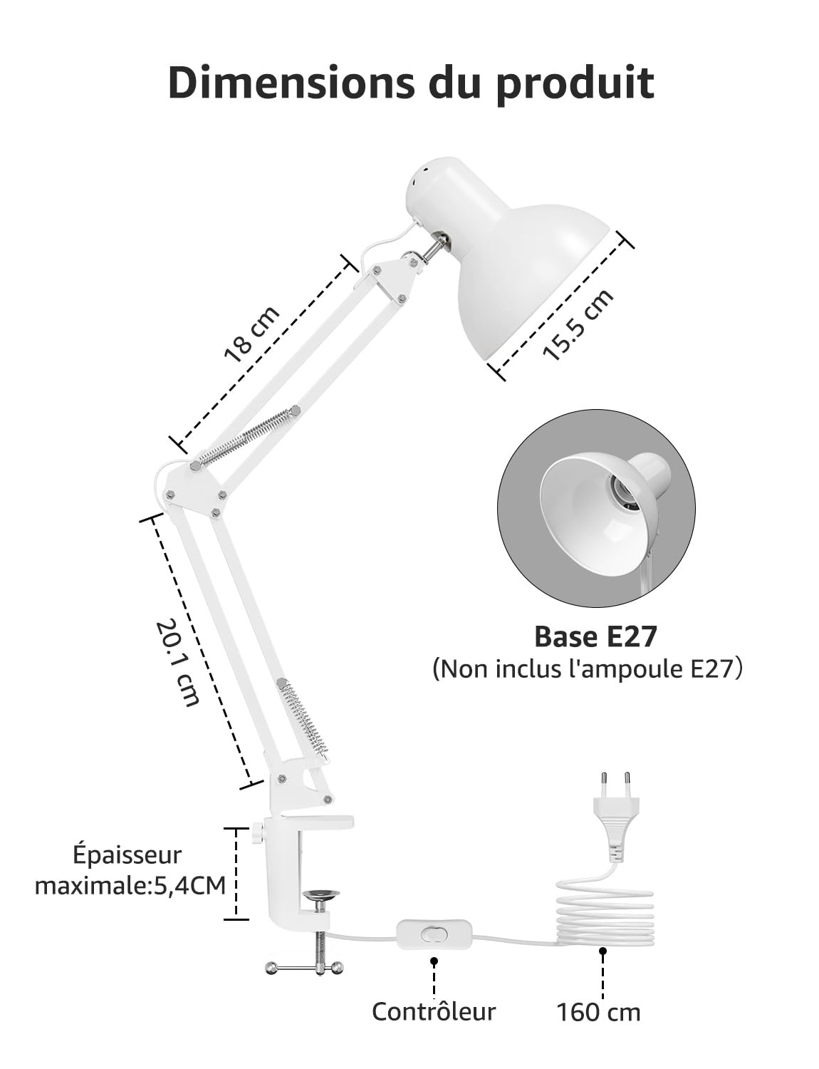 Lepro Lampe de Bureau Pince E27 Métal Interrupteur à Fil Blanc