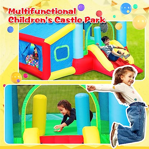 WELLFUNTIME Inflatable Bounce House and Extended Long Water Slide, Jumping Castle Slide with Blower, Kids Bouncer with Ball Pit, Dart Target Game