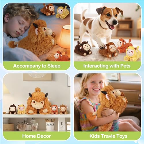 Image of KMUYSL Highland Cow Stuffed Animal for Girls Ages 0 1 2 3 4 5 6 7 8+ Years Old, Mommy Cow Animals Plush Toys with 4 Baby Calves, Soft Animal Stuffed Toys Set, Christmas Birthday Gifts for Kids Girls