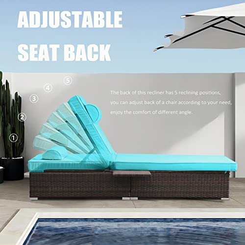 Soarflash Wicker Chaise Lounge Set, Outdoor Patio Lounge Recliner Chair With Adjustable Backrest,Side Shelf For Garden Yard Poolside,Blue #TOP3