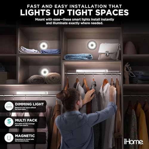 Image of iHome Rechargeable Auto Sensing Light Bars, Motion Sensor, Dimmable, Auto /Always-On Modes, Easy Installation (5-Pack (2 Light Bars & 3 Puck))