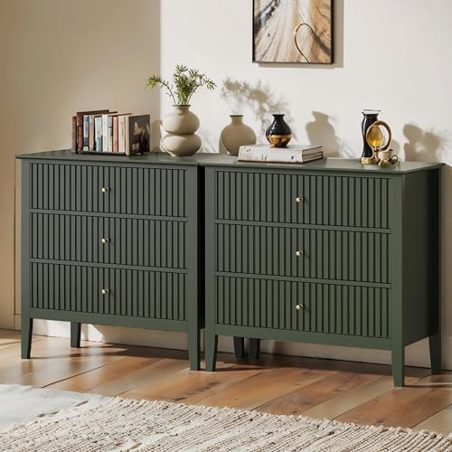 May in Color Large Green Fluted 3 Drawer Dresser Set of 2 Chest of Drawers with Ball Bearing Slide Modern 30 inch Tall Wood Nightstand with Spacious Storage for Bedroom Hallway Living Room Entryway