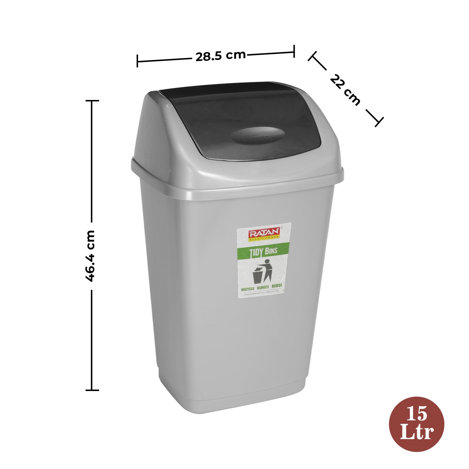 RATAN PLASTICWARE Tidy Bin with Swing Lid 15 Litres Plastic Dustbin, Trash Bin, Garbage Waste Bin For Home, Bathroom, Kitchen, Office, Bedroom Grey Color