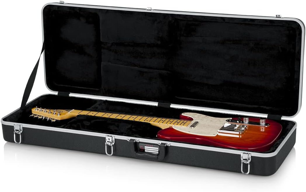 Gator GC-ELECTRIC-A Deluxe ABS Molded Case for Strat/Tele Style Electric Guitars - Black Bundle with Cable, Strap, Picks, and Austin Bazaar Polishing Cloth