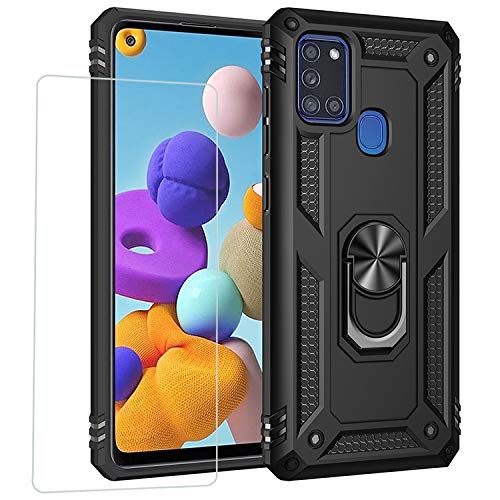 Joytag compatibles para Funda Samsung A21S，Carcasa +Cristal Templado Silicona TPU 360 Grados Anillo Giratorio magnético Soporte Caja del teléfono del Coche-Negro