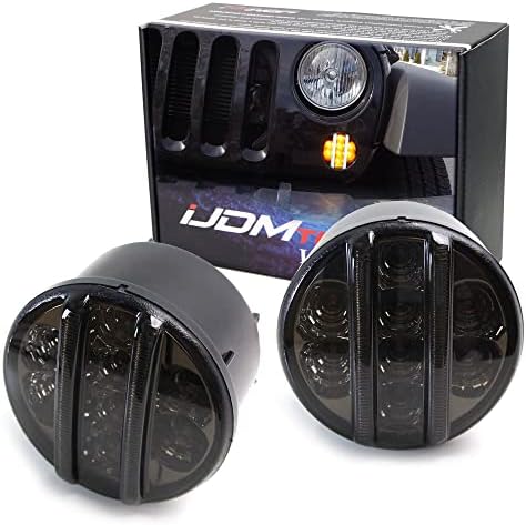 iJDMTOY (2 Smoked Lens LED Front Turn Signal Lamp Assembly Compatible with Jeep 2007-17 Wrangler (White LED Vertical Bars for Driving/DRL & Amber LED Dots for Turn Signal Lights)