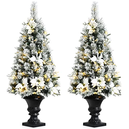 Goplus-4ft-Flocked-White-Christmas-Tree-for-Entrances-2-Pack-Pre-lit-Artificial-Xmas-Tree-wWarm-White-100-LED-Lights-Flowers-White-Berries-in-Black-Urn-Base-Porch-Festival-Holiday-Decoration Goplus 4ft Flocked White Christmas Tree for Entrances 2 Pack Pre lit Artificial Xmas Tree wWarm White 100 LED Lights Flowers White Berries in Black Urn Base Porch Festival Holiday Decoration