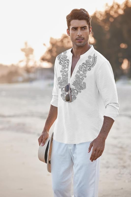 Image of FINIVO FASHION Men's Cotton Blend Short Kurta with Full Sleeves and Ethnic Neck Design | Casual Crinkle Texture Kurta with Mandarin Collar