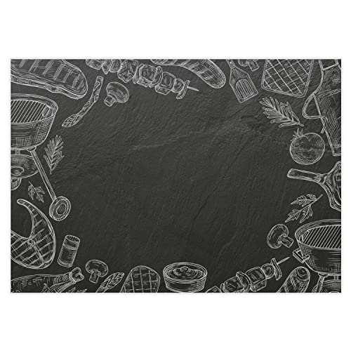 100 manteles individuales con diseño de placa de pizarra, temporada de barbacoa, DIN A3, rectangular, juego de mesa de papel, diseño moderno, mantel individual desechable, negro y blanco, para