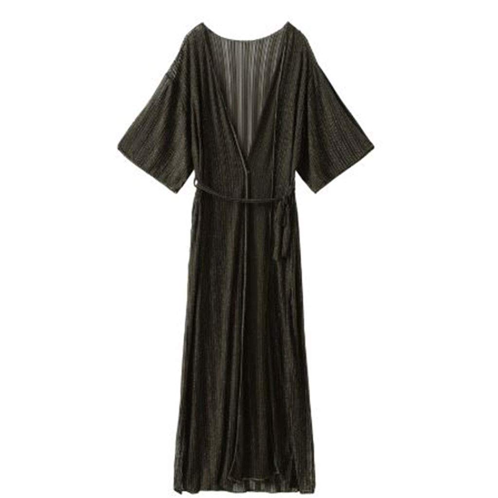 Robe de plage longue à manches mi-longues pour femme avec ouverture sur le devant - Kimono noir transparent à nouer à la taille