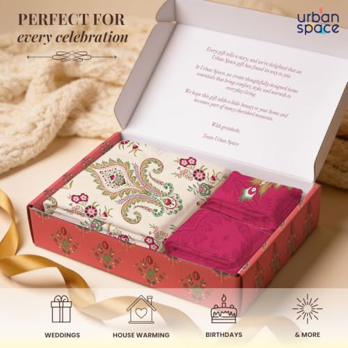 Image of Urban Space Festive Gifting Set - 100% Cotton Double Bedsheet with 2 Pillow Covers, Double Bedsheet Gift Set in Gift Box, 90 x 100 Inch, Motif Red | Diwali, Festive & Housewarming Gift