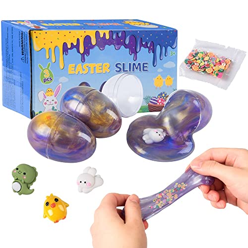 FunsLane Lot de 3 œufs de Pâques pré-remplis Slime Mastic avec Accessoires Lapin Poulet Dinosaure Cover